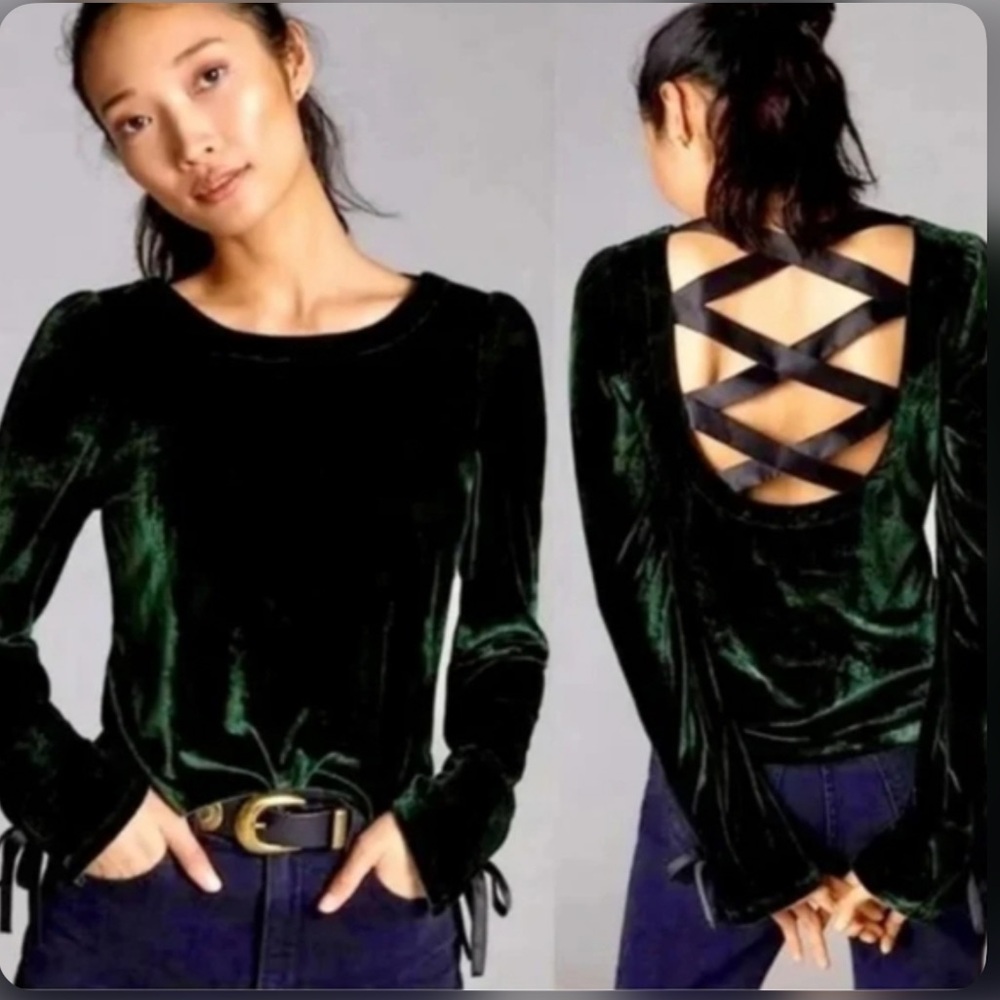 Anthropologie Velvet Deep Emerald Green Top with Crisscross Back